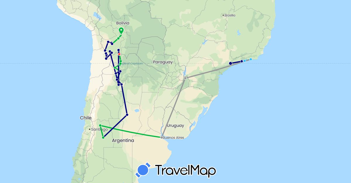 TravelMap itinerary: driving, bus, plane, hiking, boat in Argentina, Bolivia, Brazil (South America)